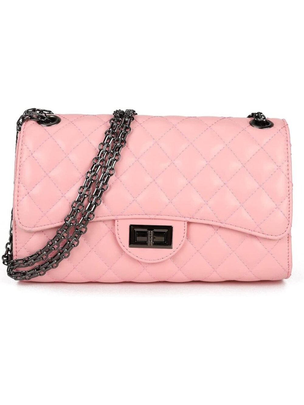 Women's Pink Quilted Crossbody Structured Purse Shoulder Bag Chain Strap